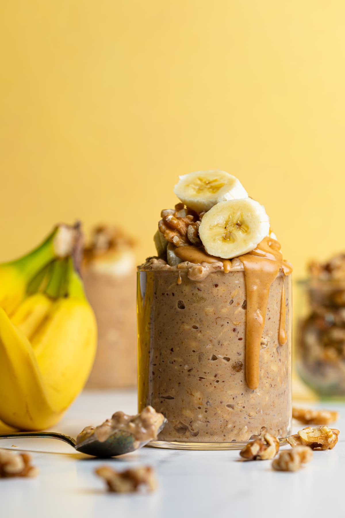 Banana Peanut Butter Overnight Oats topped with banana slices.