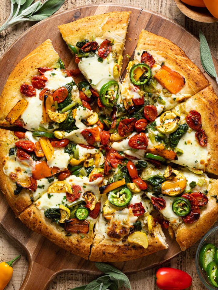 Overhead shot of a sliced Veggie Pizza