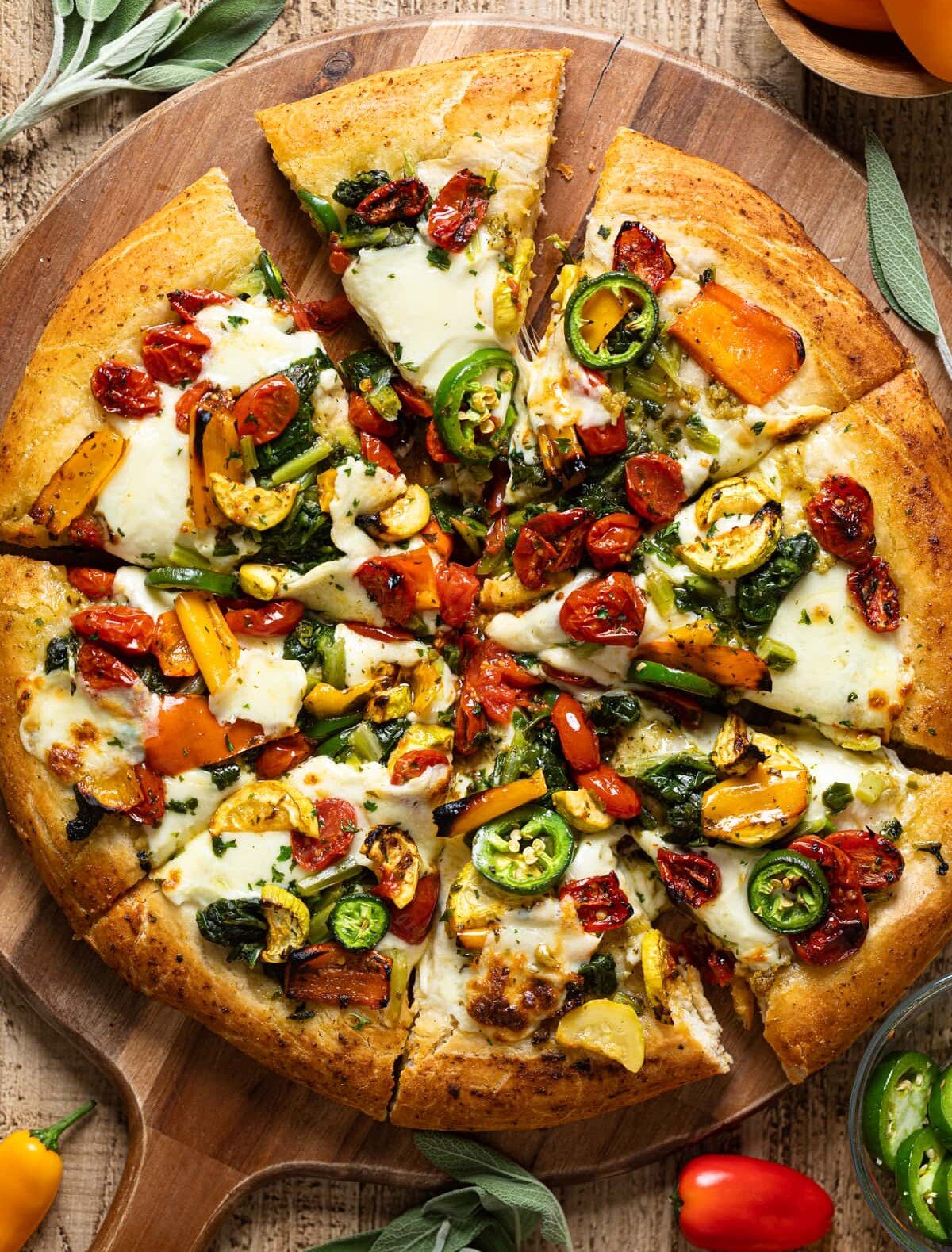 Overhead shot of a sliced Veggie Pizza. A great healthy easy dinner idea.