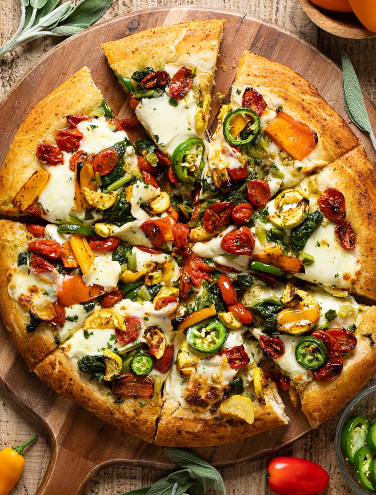 Overhead shot of a sliced Veggie Pizza