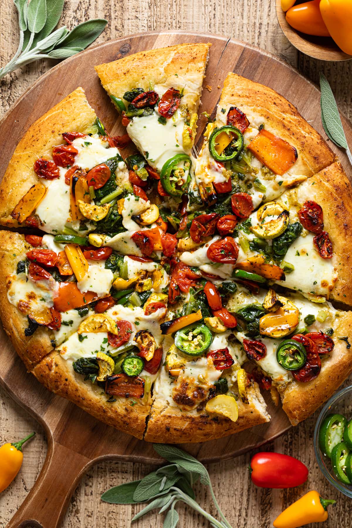 Overhead shot of a sliced Veggie Pizza