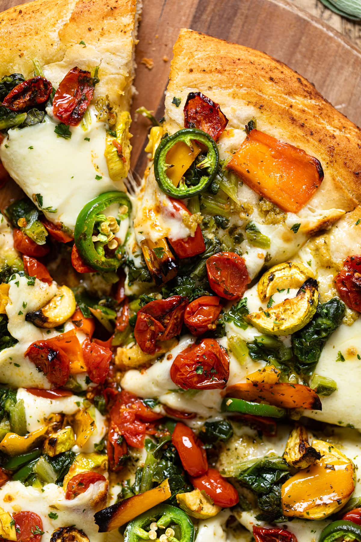 Closeup of a sliced Veggie Pizza