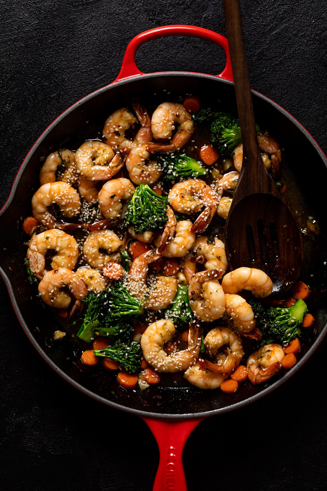 Honey Garlic Shrimp with Broccoli in a skillet