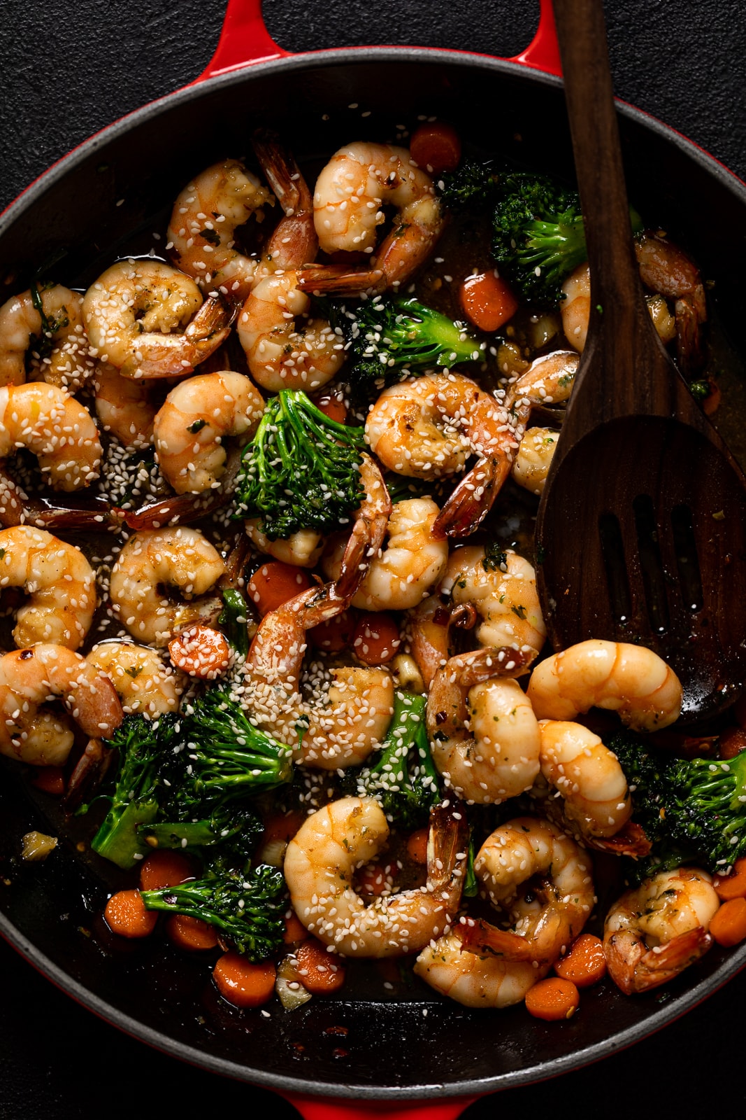 Honey Garlic Shrimp with Broccoli in a skillet