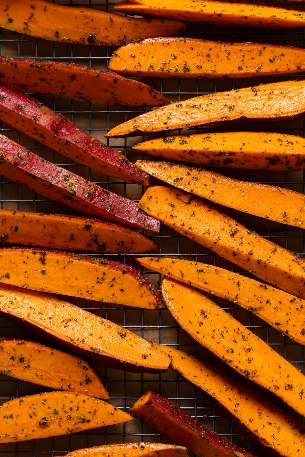 Seasoned Sweet Potato Wedges on a wire rack