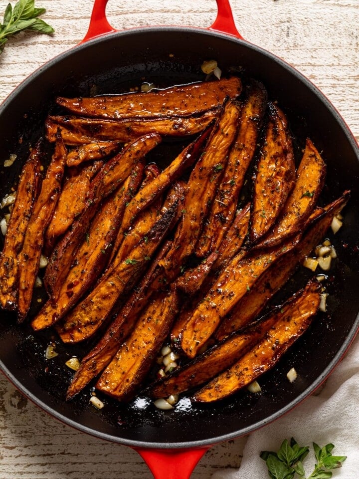Spicy Honey Sweet Potato Wedges in a skillet