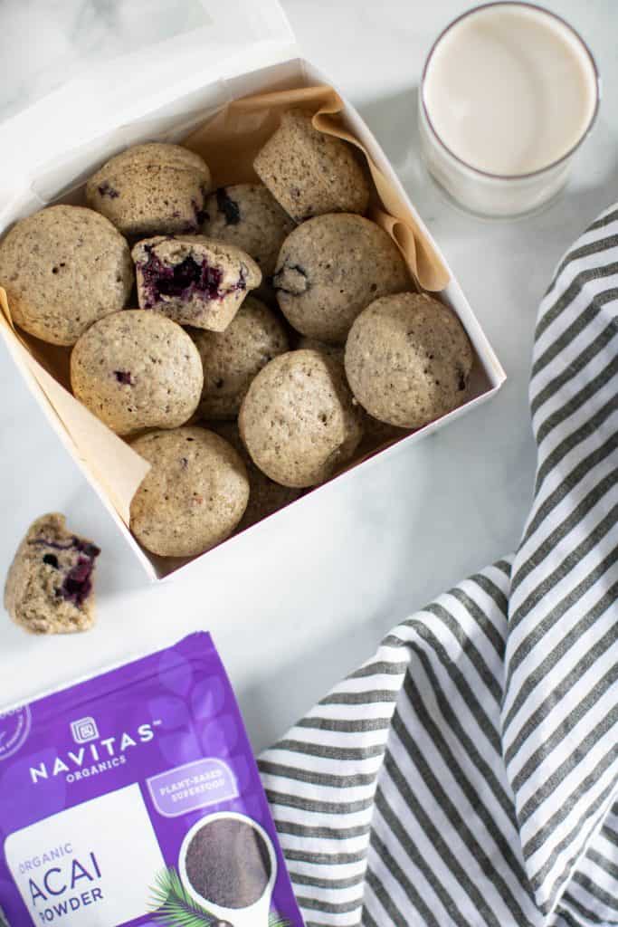 White box of Vegan Blueberry Acai Mini Muffins.