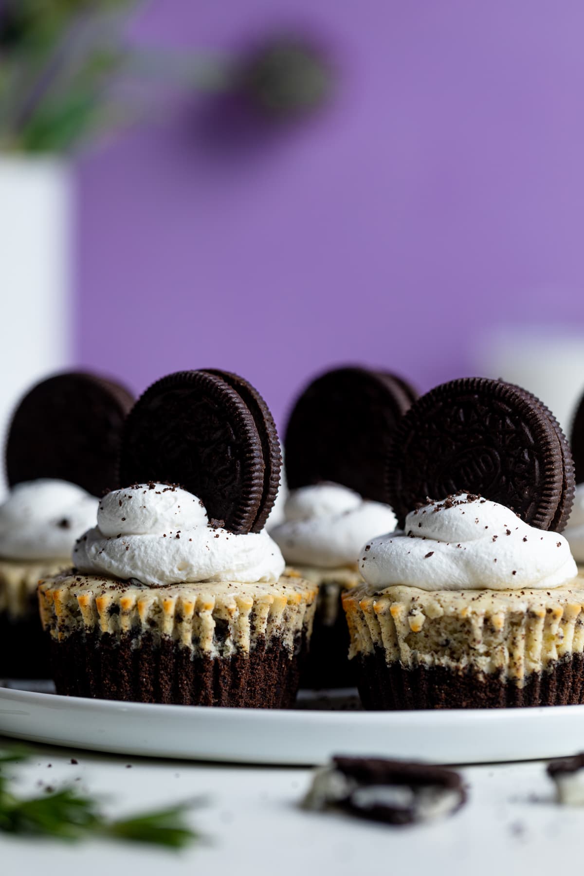 Oreo Cheesecake Bites topped with whipped cream and Oreos.