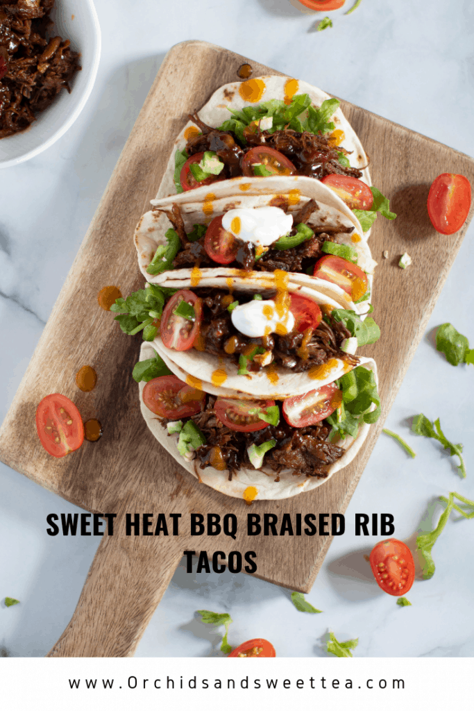 Tacos with text: \"Sweet Heat BBQ Braised Rib Tacos.\"