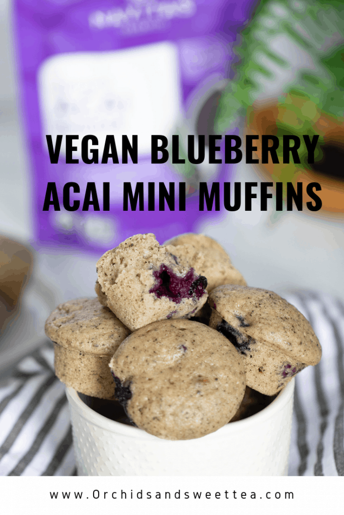 Muffins with text \"Vegan Blueberry Acai Mini Muffins.\"