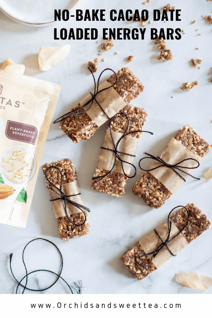 No-Bake Cacao Date Loaded Energy Bars with a bag of Navitas Cacao butter.