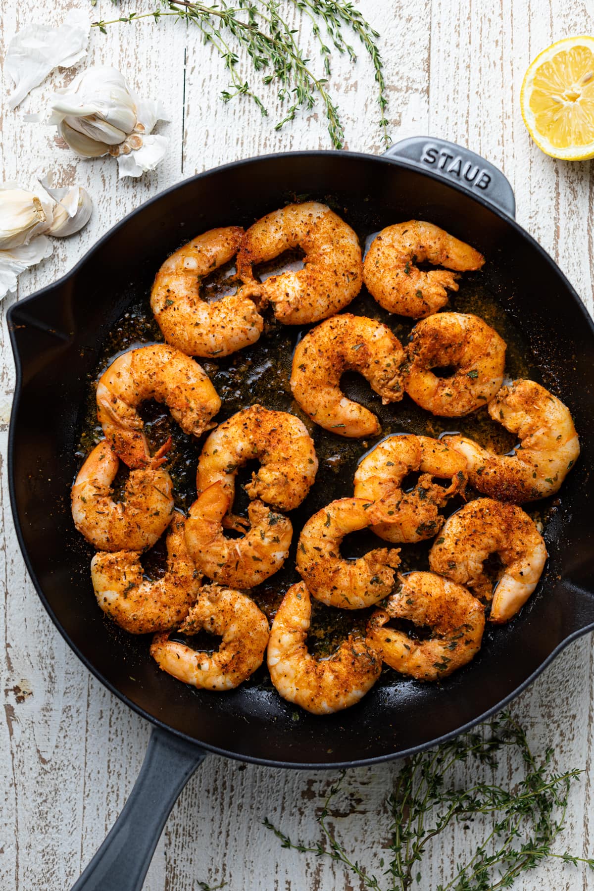 Savory Lemon Garlic Shrimp Pasta in a skillet.