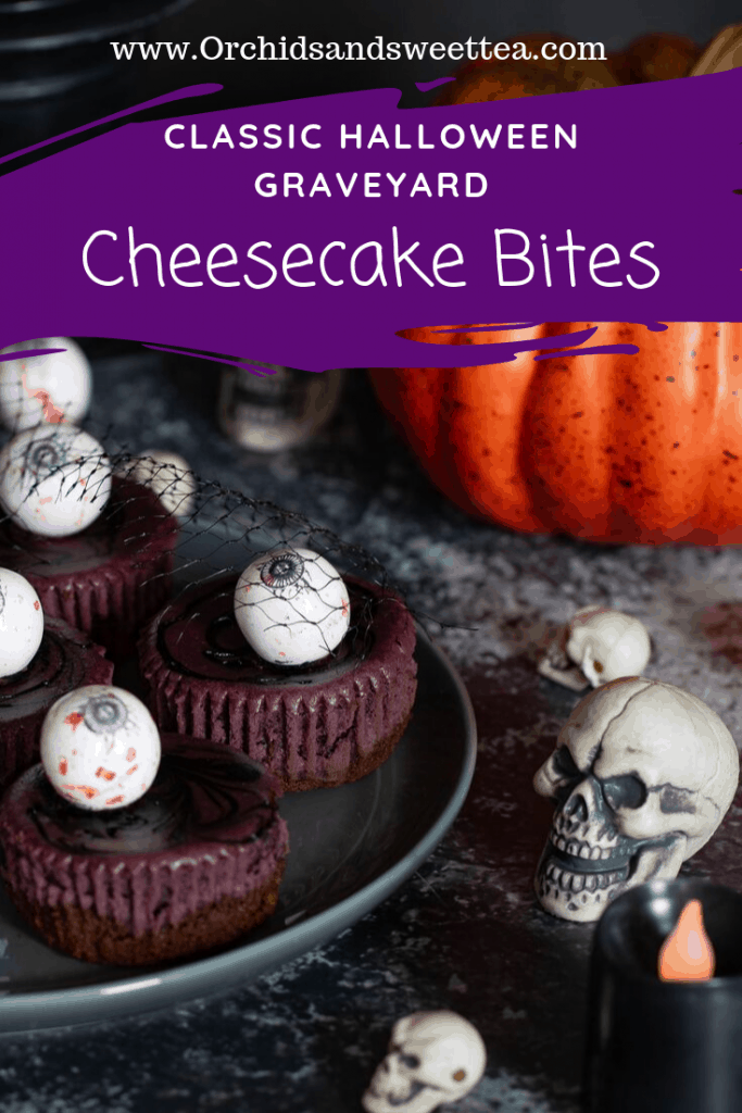 Halloween table with text \"Classic Halloween Graveyard Cheesecake Bites.\"