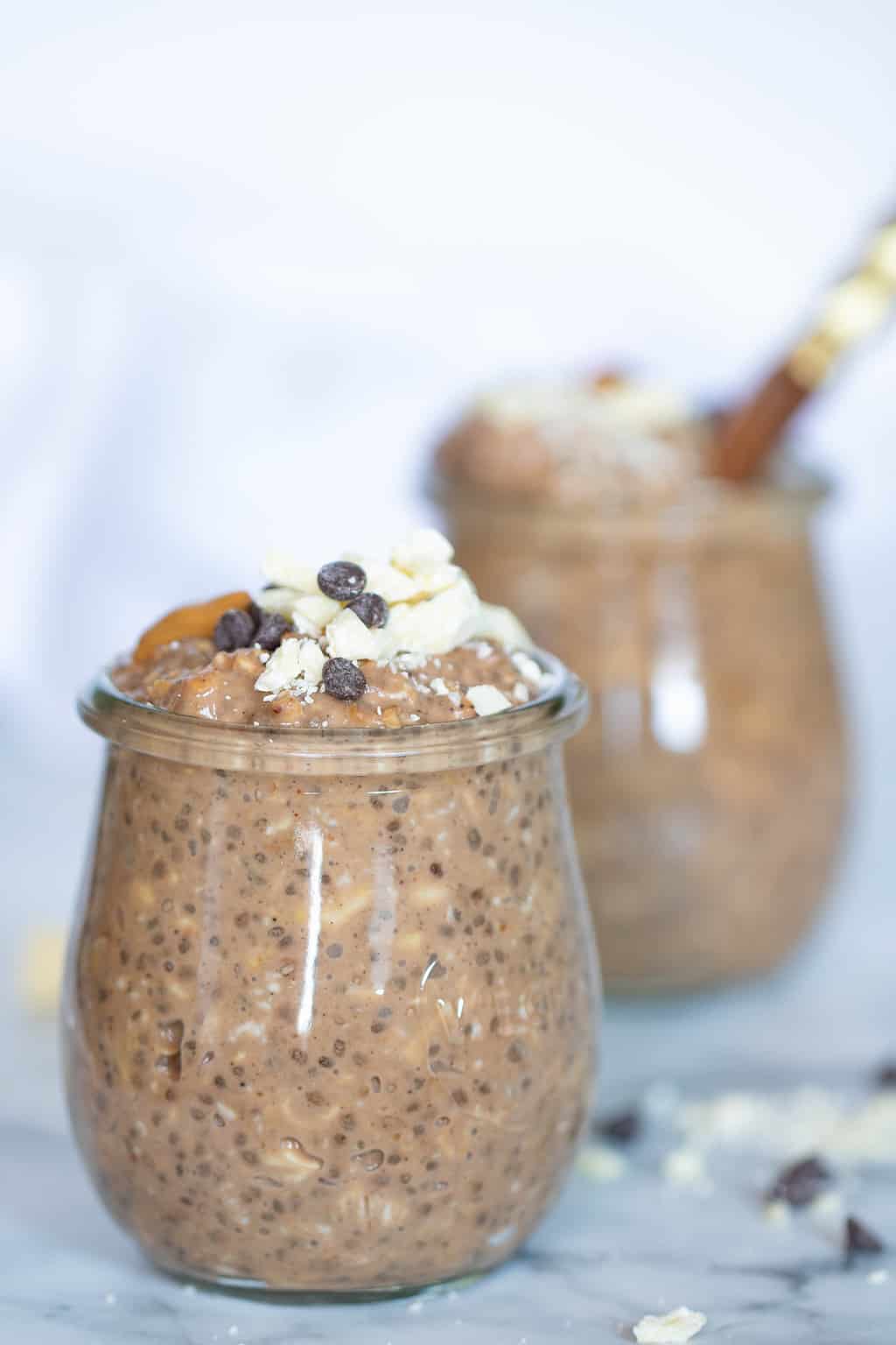 Two glasses of Superfood Overnight Oats: Maca, Cacao, and Chia Seeds