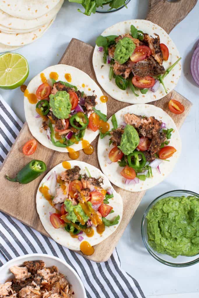 Jerk Salmon Tacos + Avocado Cilantro Lime Sauce