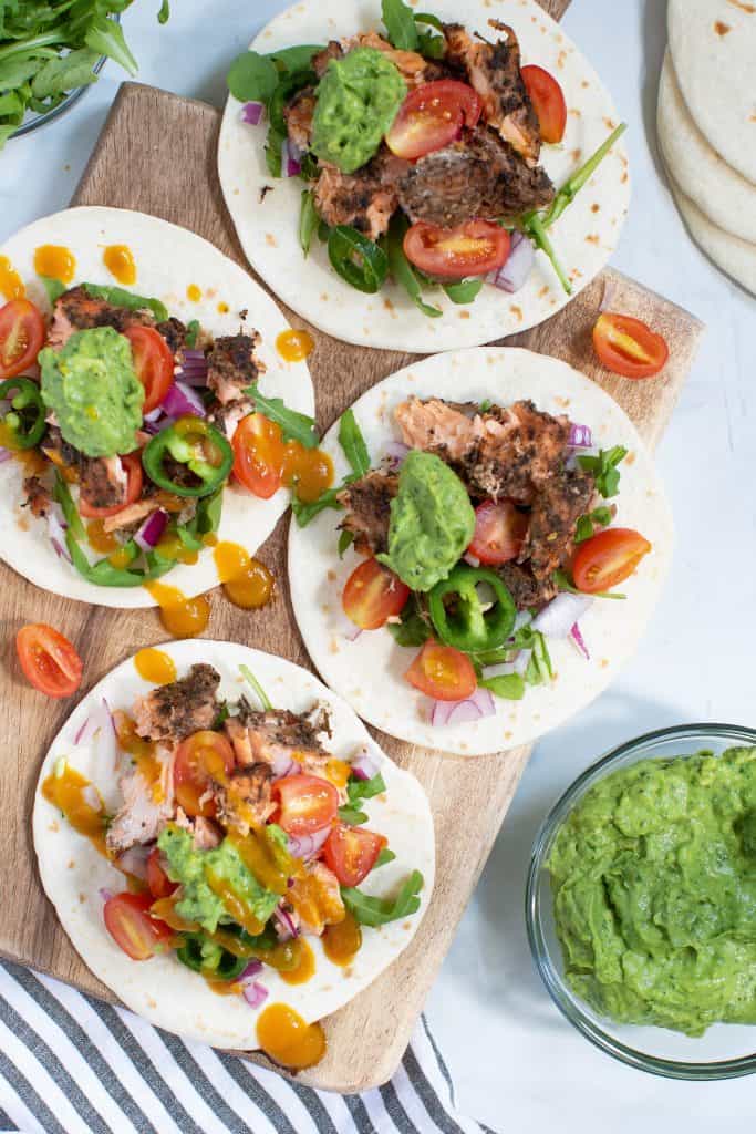 Jerk Salmon Tacos + Avocado Cilantro Lime Sauce