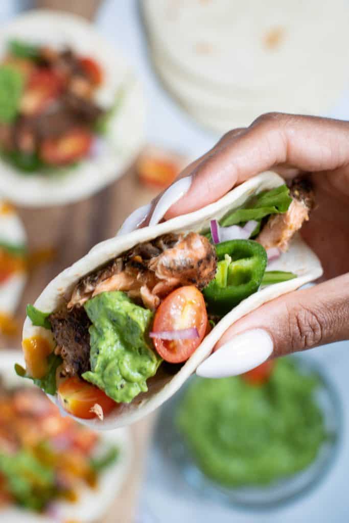 Jerk Salmon Tacos + Avocado Cilantro Lime Sauce