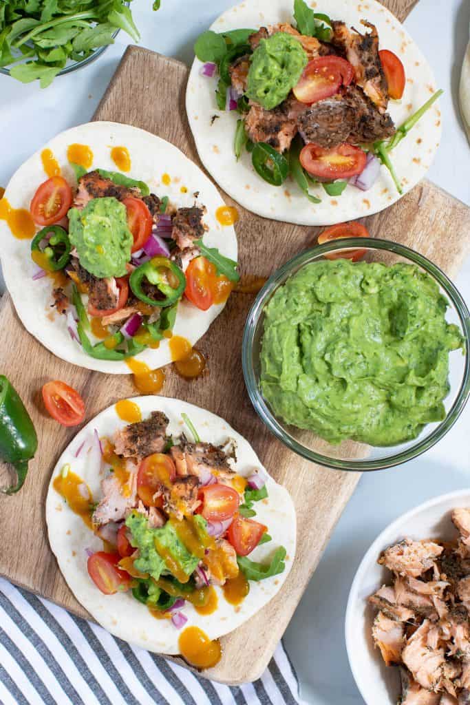 Jerk Salmon Tacos + Avocado Cilantro Lime Sauce
