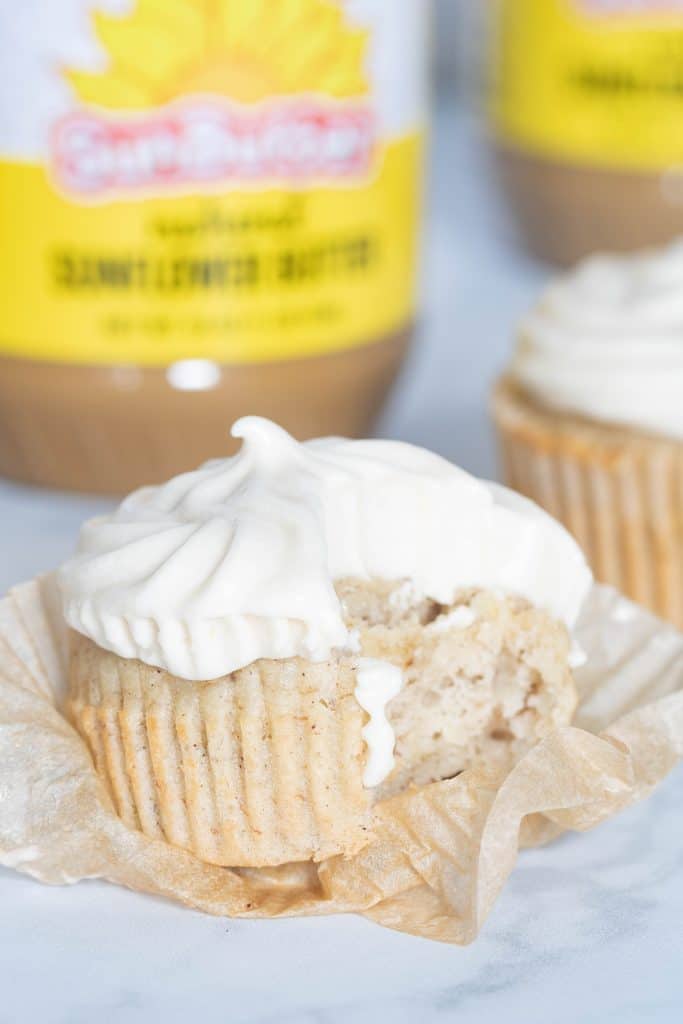 Vegan Banana Bread Cupcakes + SunButter Frosting