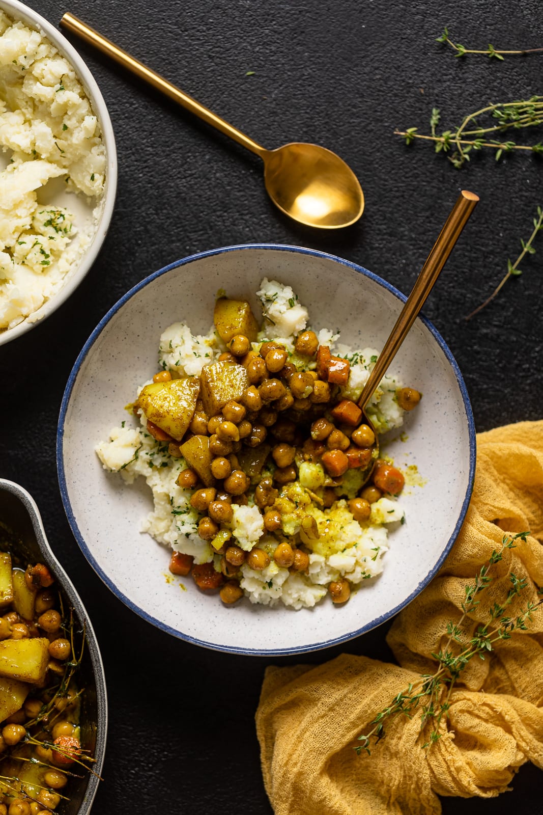 Overhead shot of a Vegan Curry Chickpea Mashed Potato Bowl