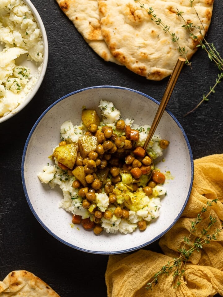 Overhead shot of a Vegan Curry Chickpea Mashed Potato Bowl