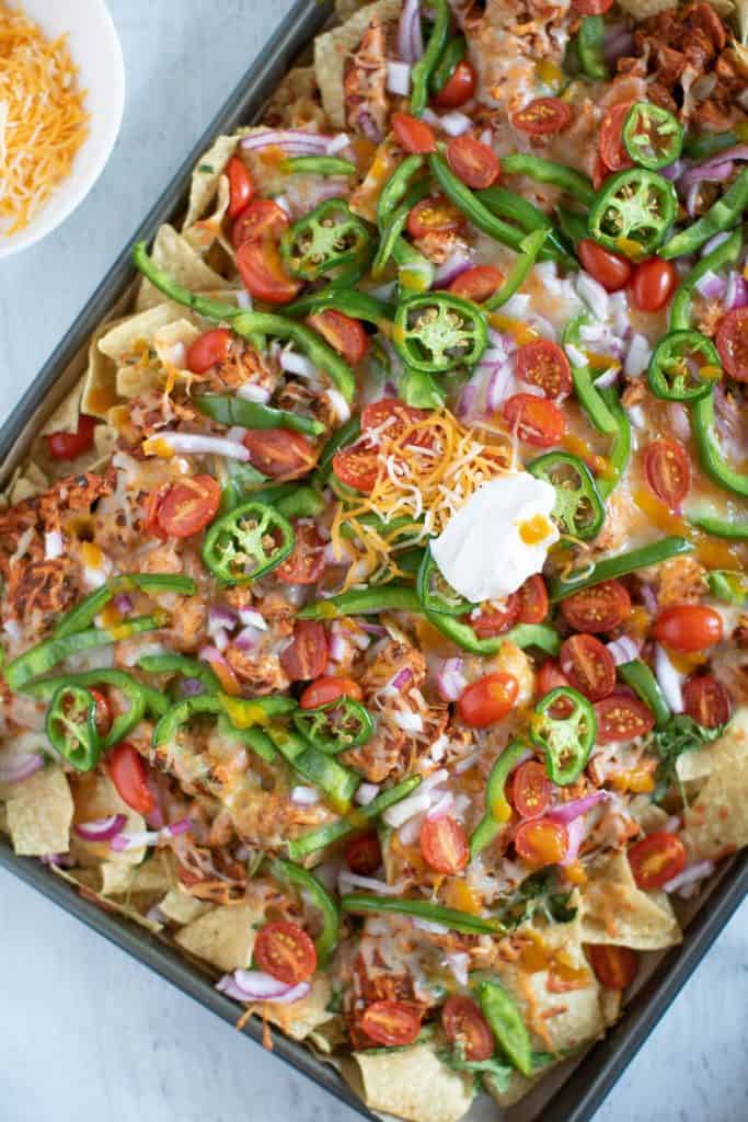 Sheet Pan Buffalo Chicken Nachos