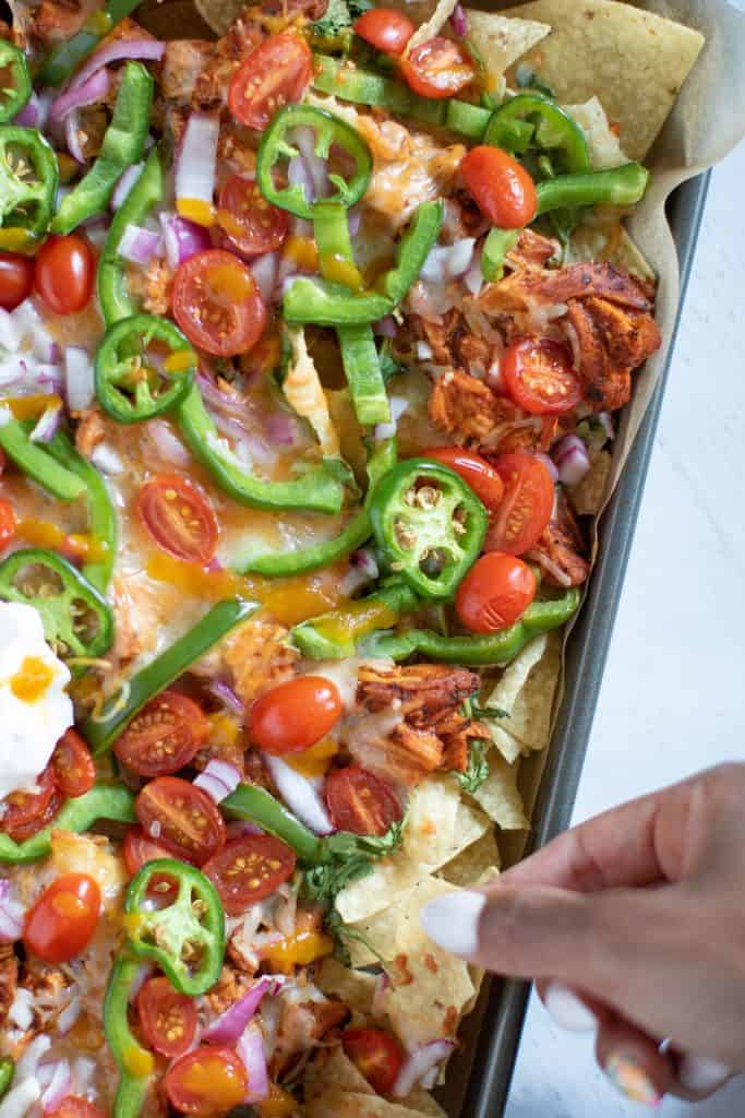 Sheet Pan Buffalo Chicken Nachos
