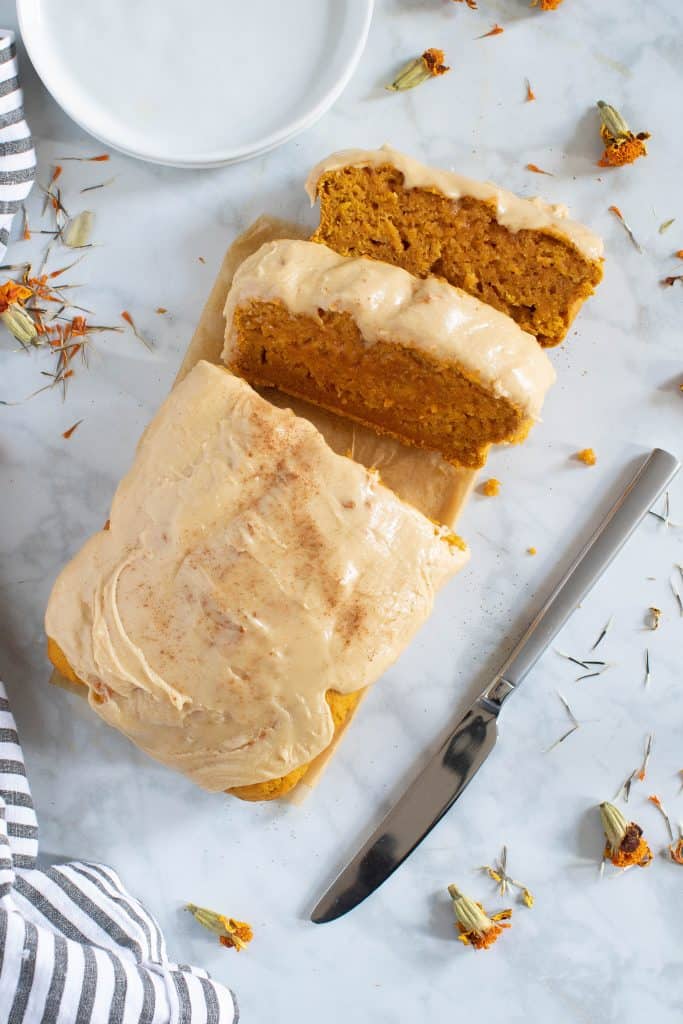 Vegan Pumpkin Bread + Maple Frosting