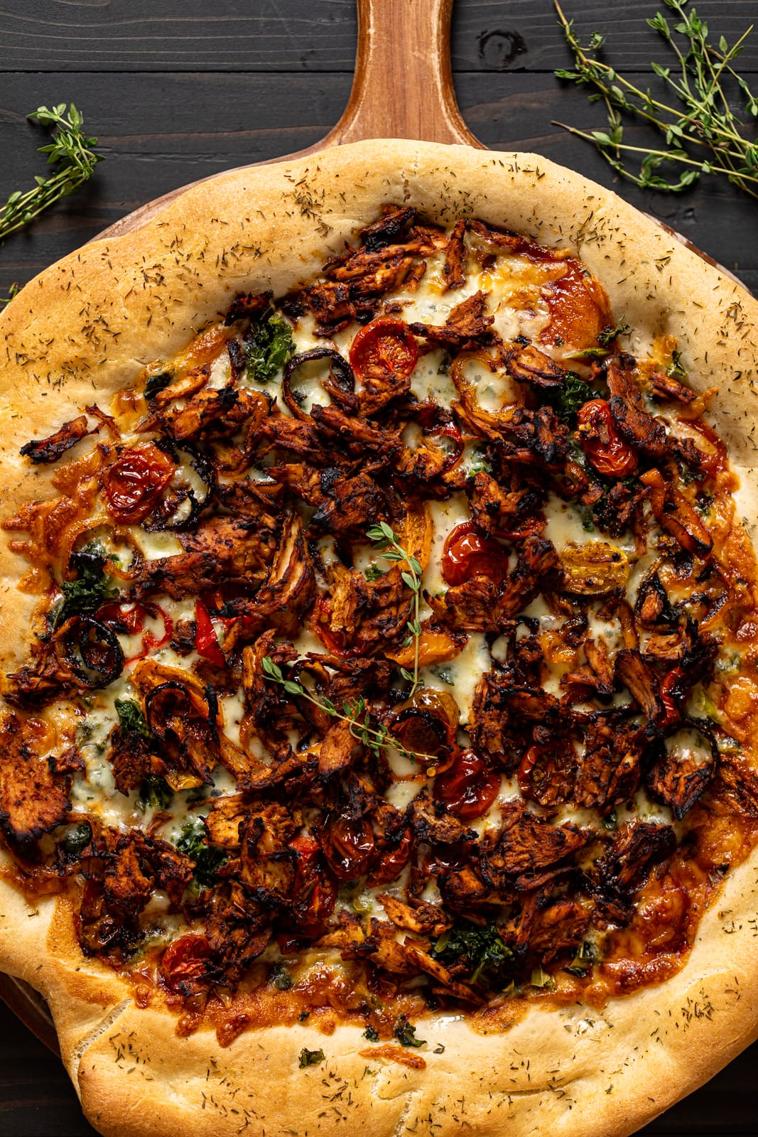 Overhead shot of Jamaican Jerk Chicken Pizza