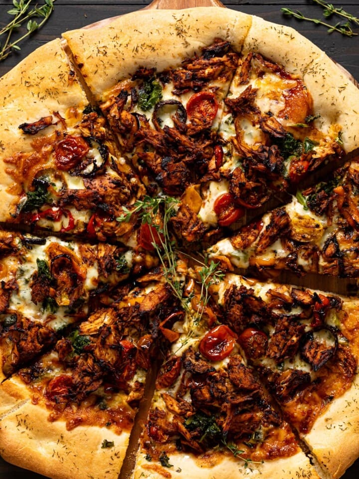 Closeup of sliced Homemade Jamaican Jerk Chicken Pizza