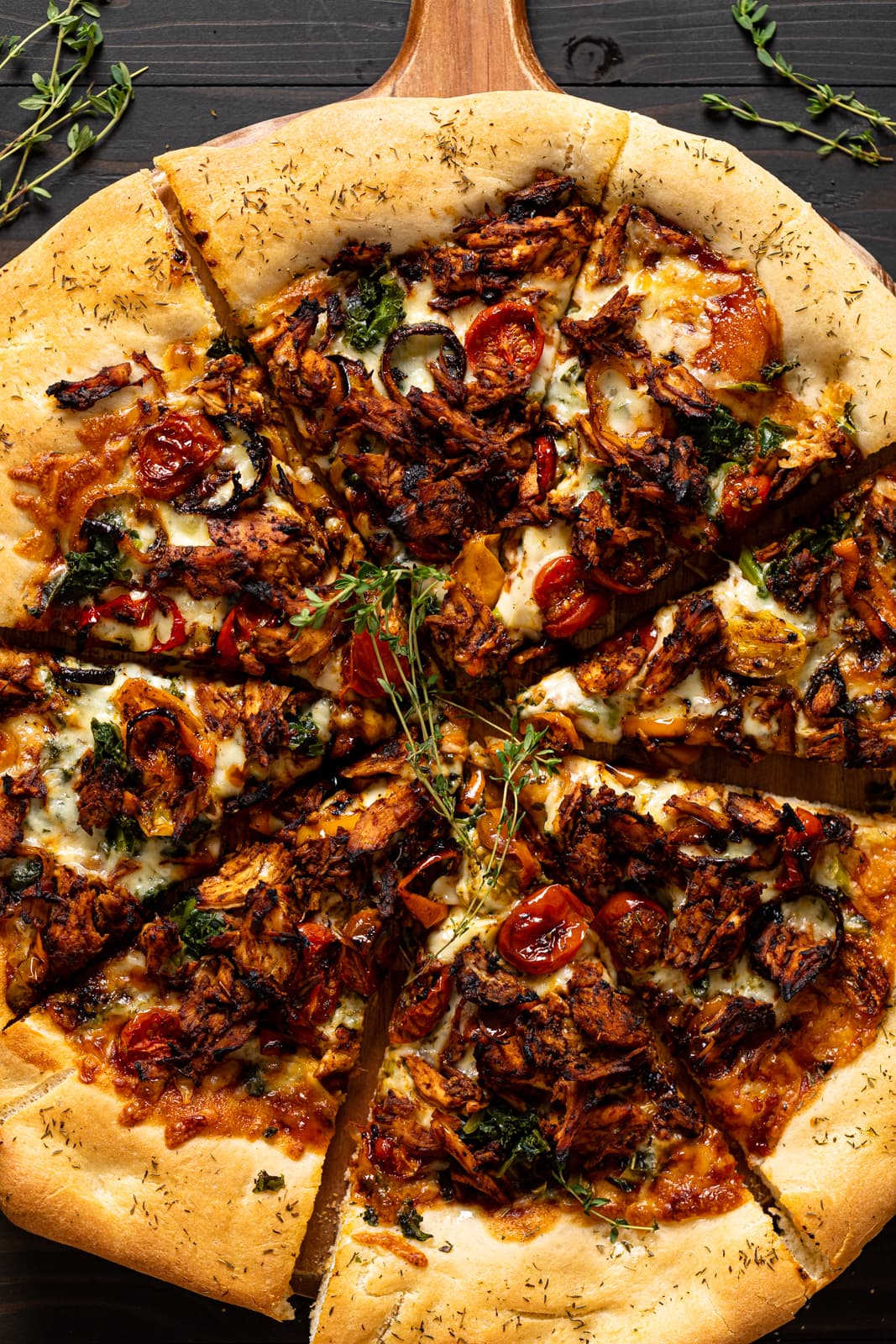 Closeup of sliced Homemade Jamaican Jerk Chicken Pizza