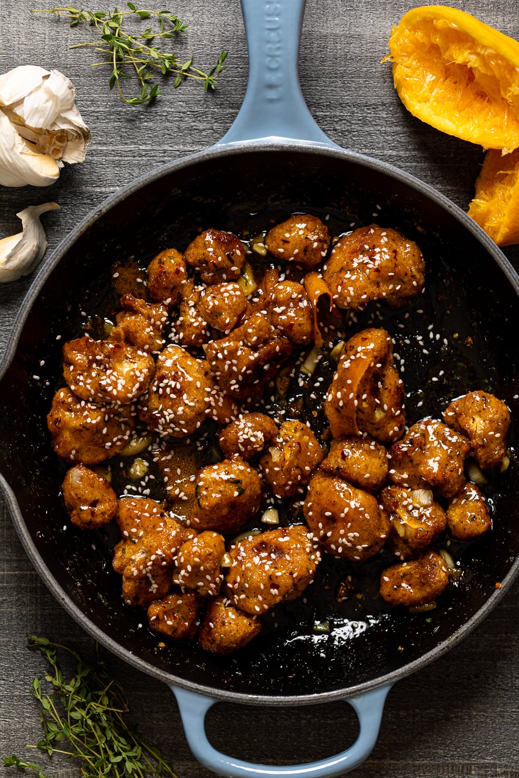 Skillet of Baked Sticky Orange Cauliflower