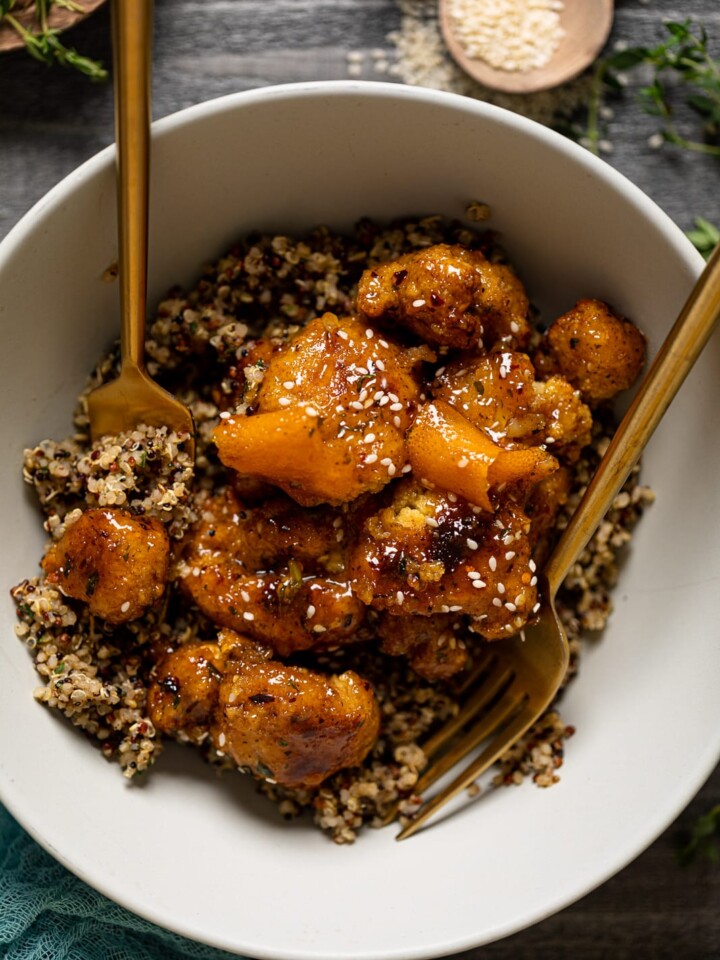 Bowl of Baked Sticky Orange Cauliflower with Quinoa