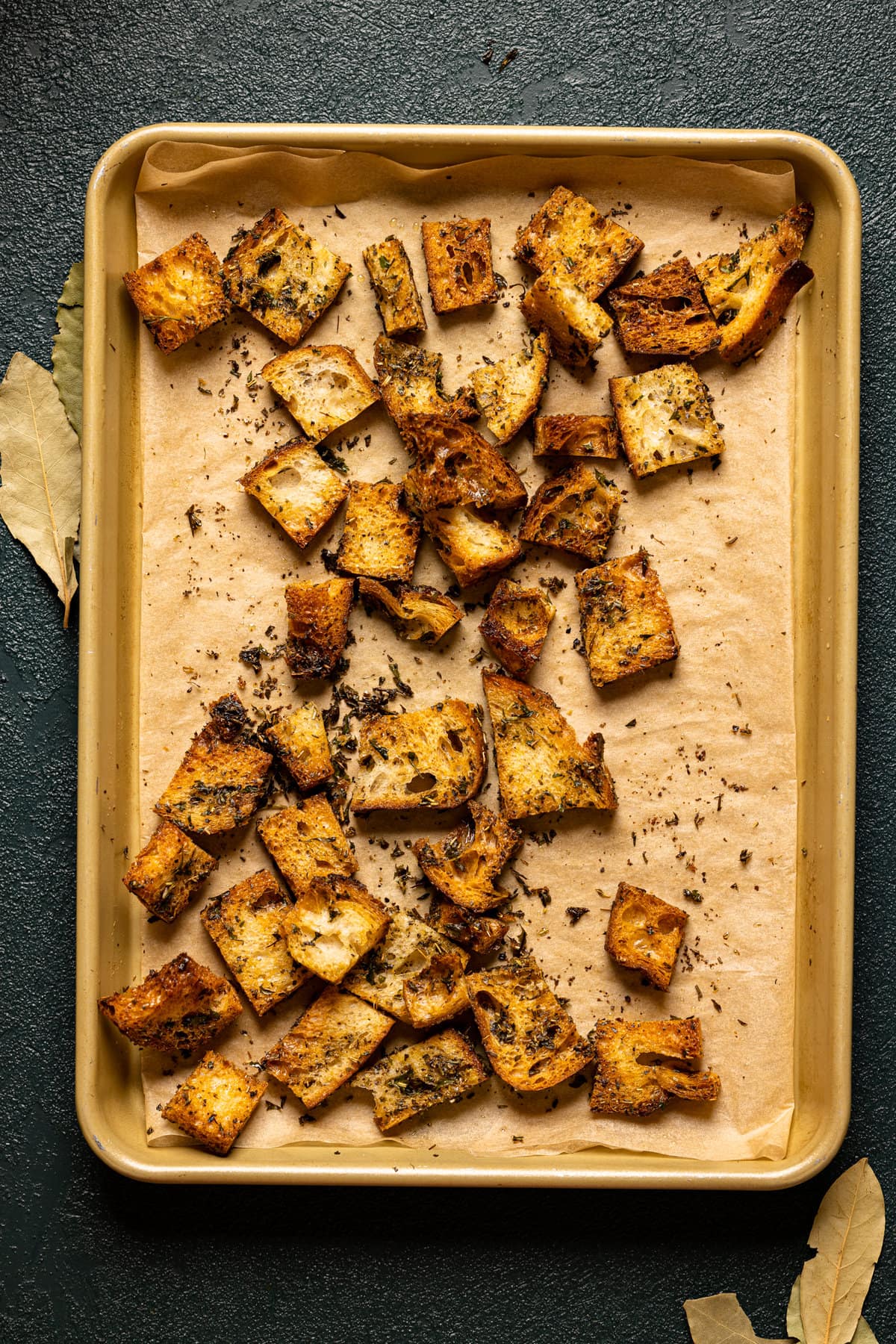 Sheet pan of homemade croutons