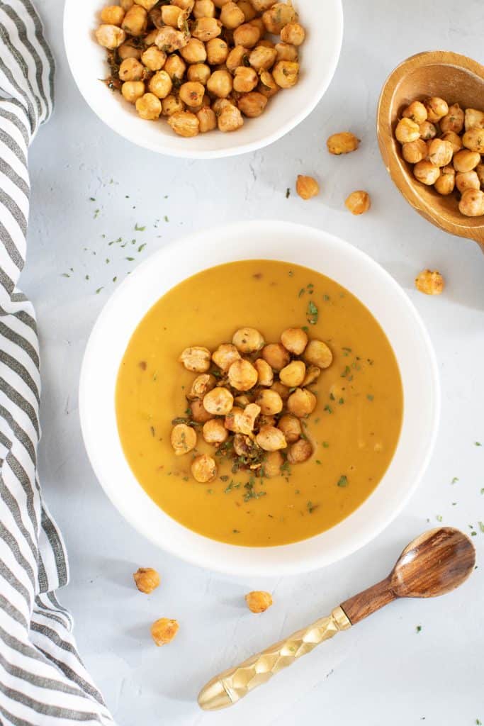 White bowl of Roasted Butternut Squash Soup.