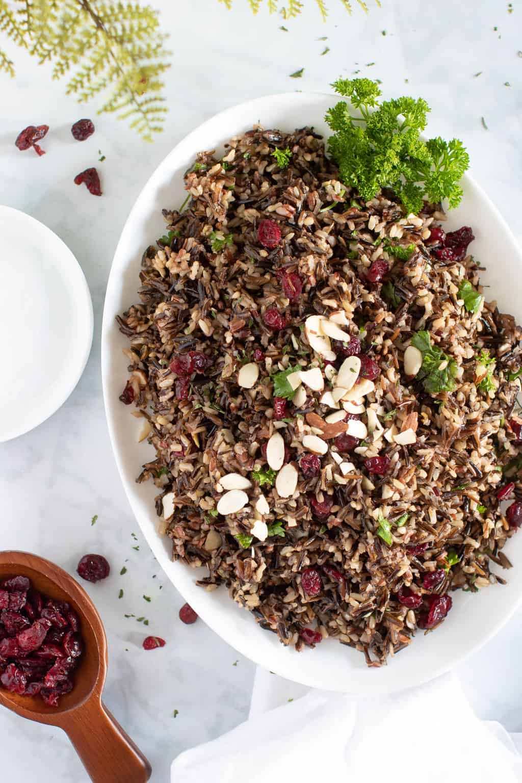 Large white bowl of Vegan Wild Rice Stuffing