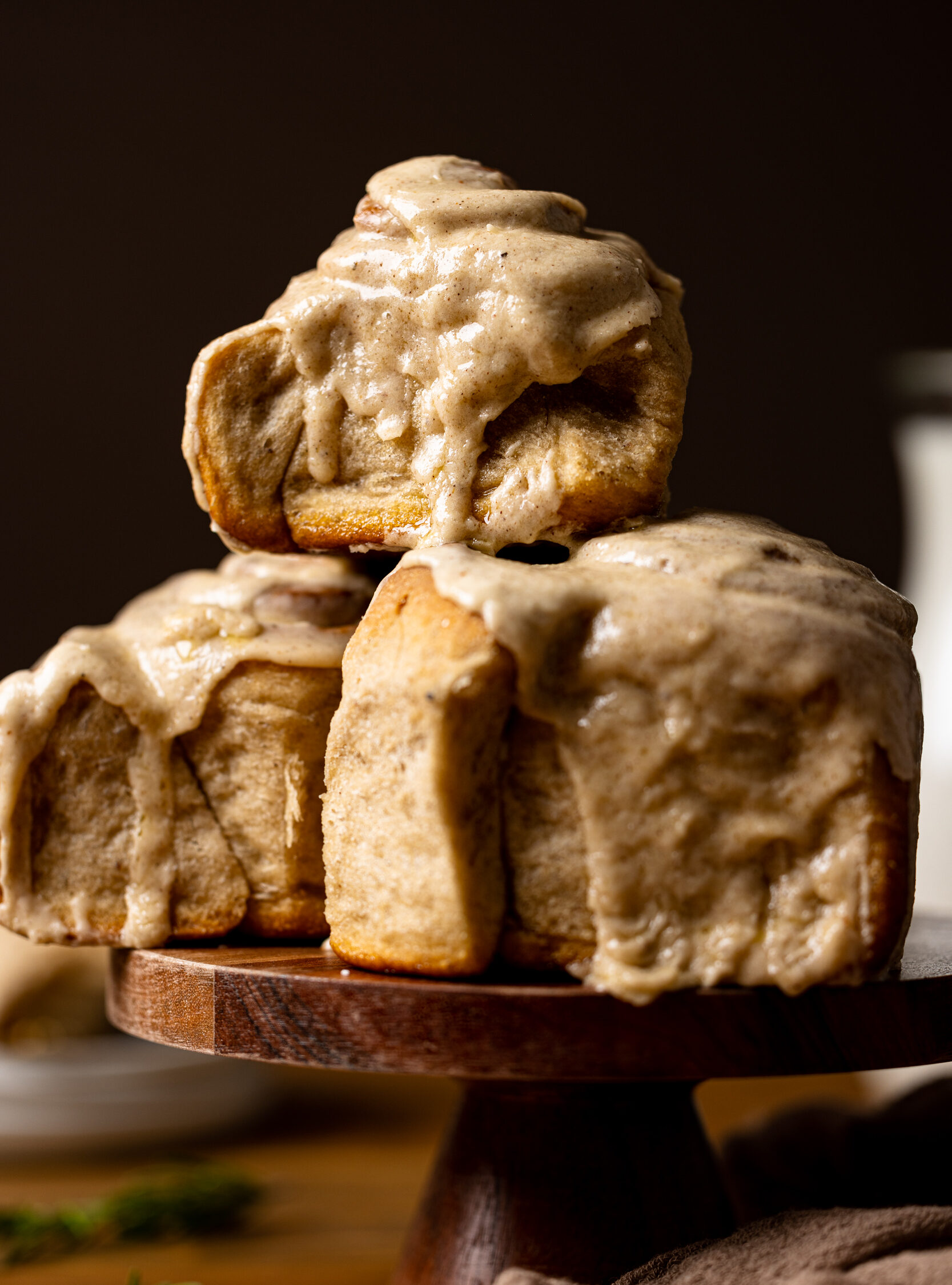 Closeup of a pile of Vegan Chai Latte Cinnamon Rolls