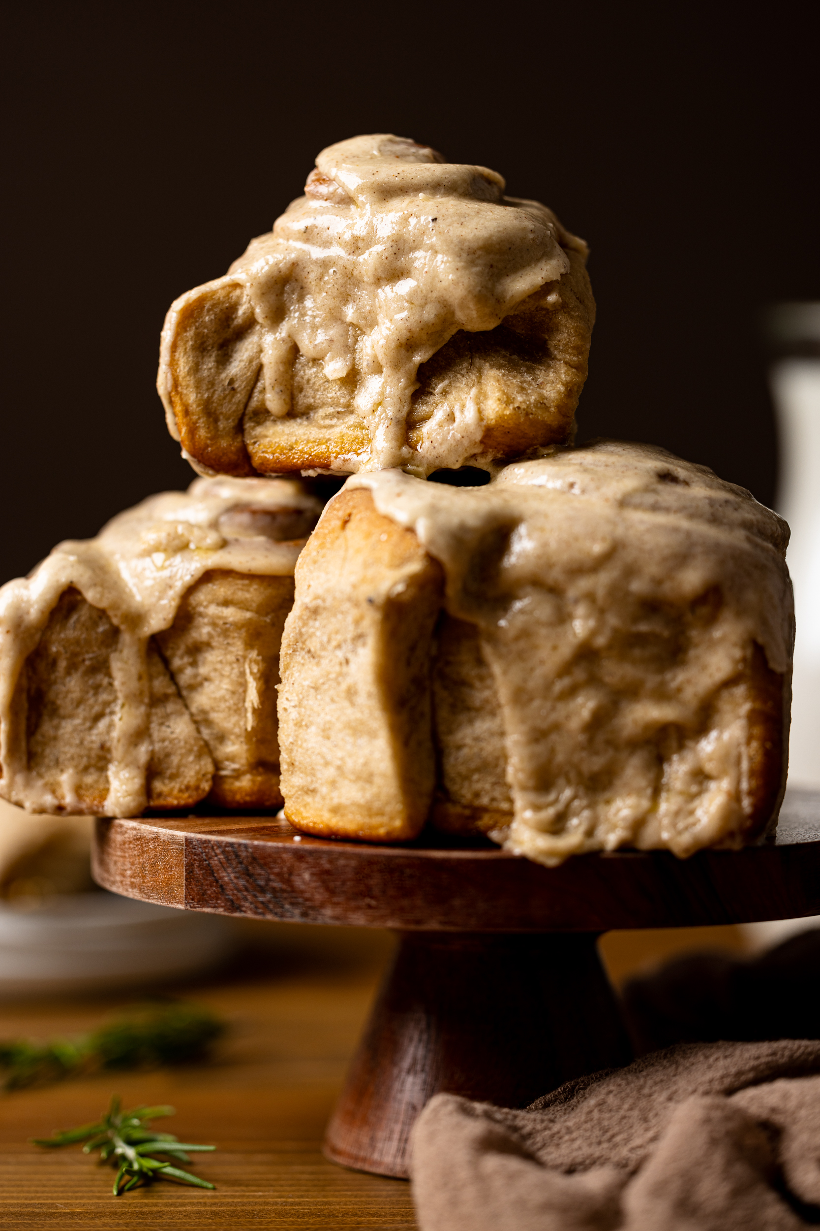 Closeup of a pile of Vegan Chai Latte Cinnamon Rolls