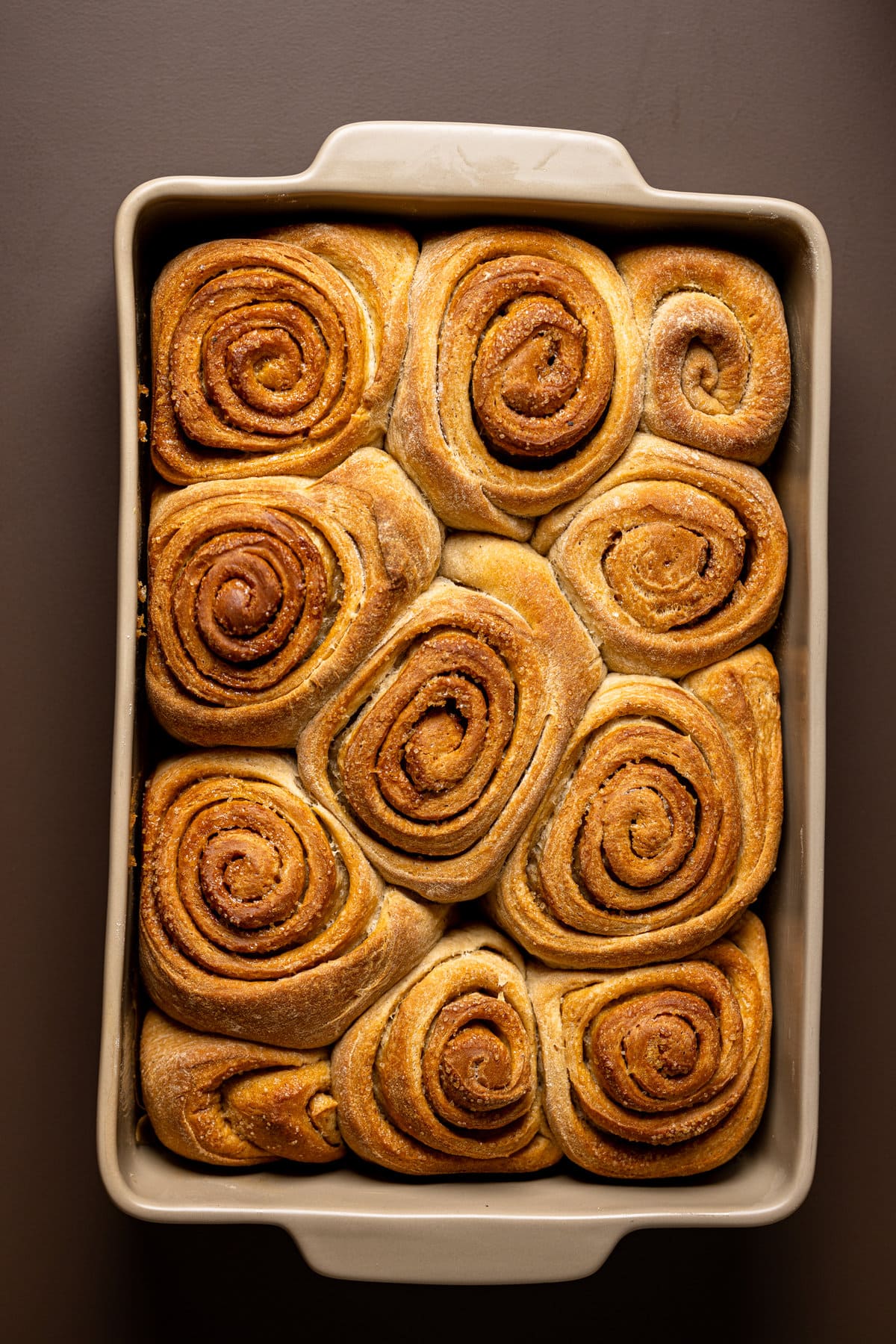 Pan of cooked Vegan Chai Latte Cinnamon Rolls