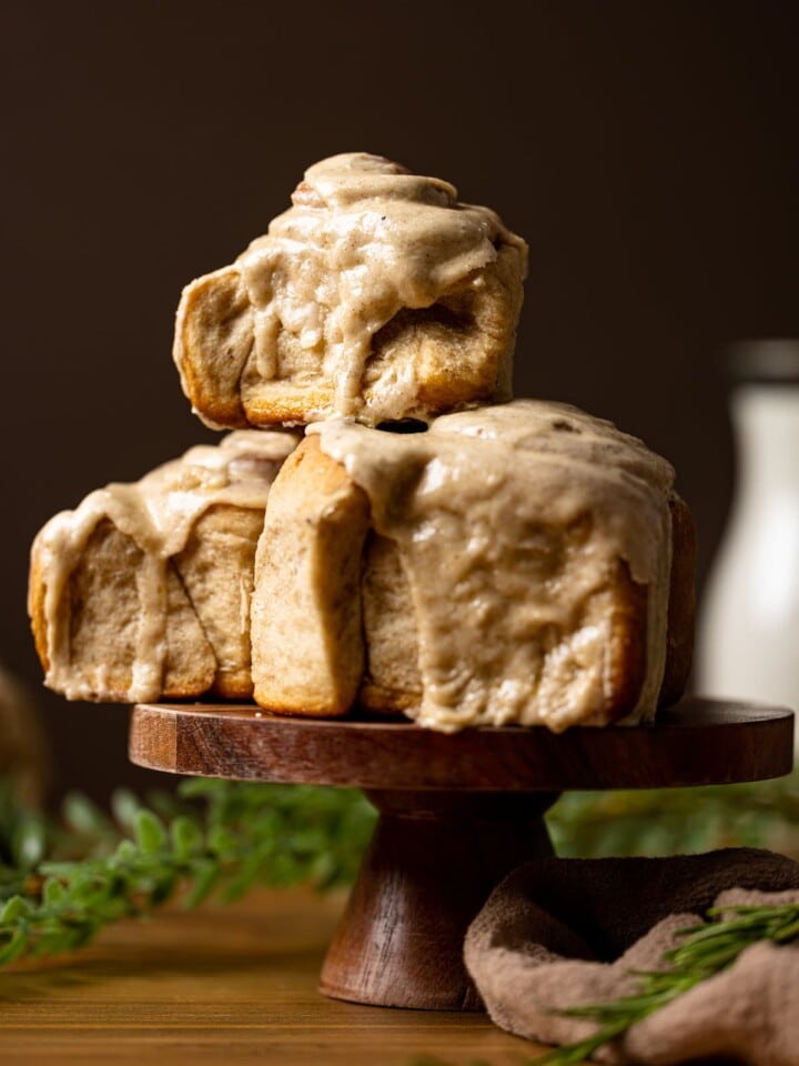 Stack of three Vegan Chai Latte Cinnamon Rolls