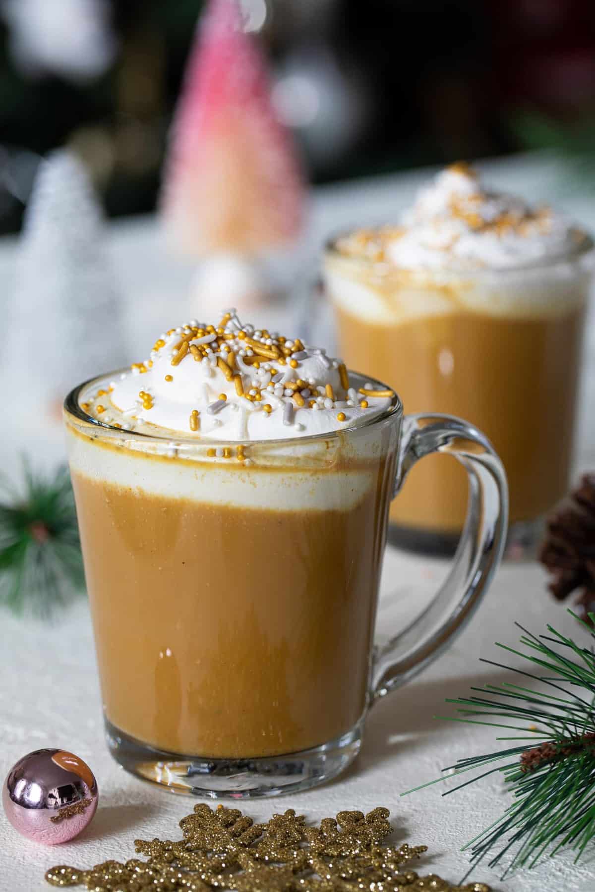 Glass mug of Vegan Chai Tea Latte with Turmeric.