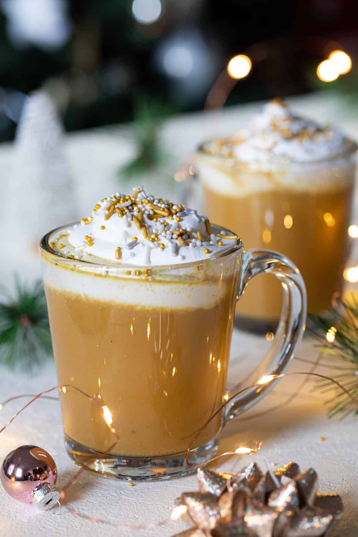 Vegan Chai Tea Latte with Turmeric in a glass mug.