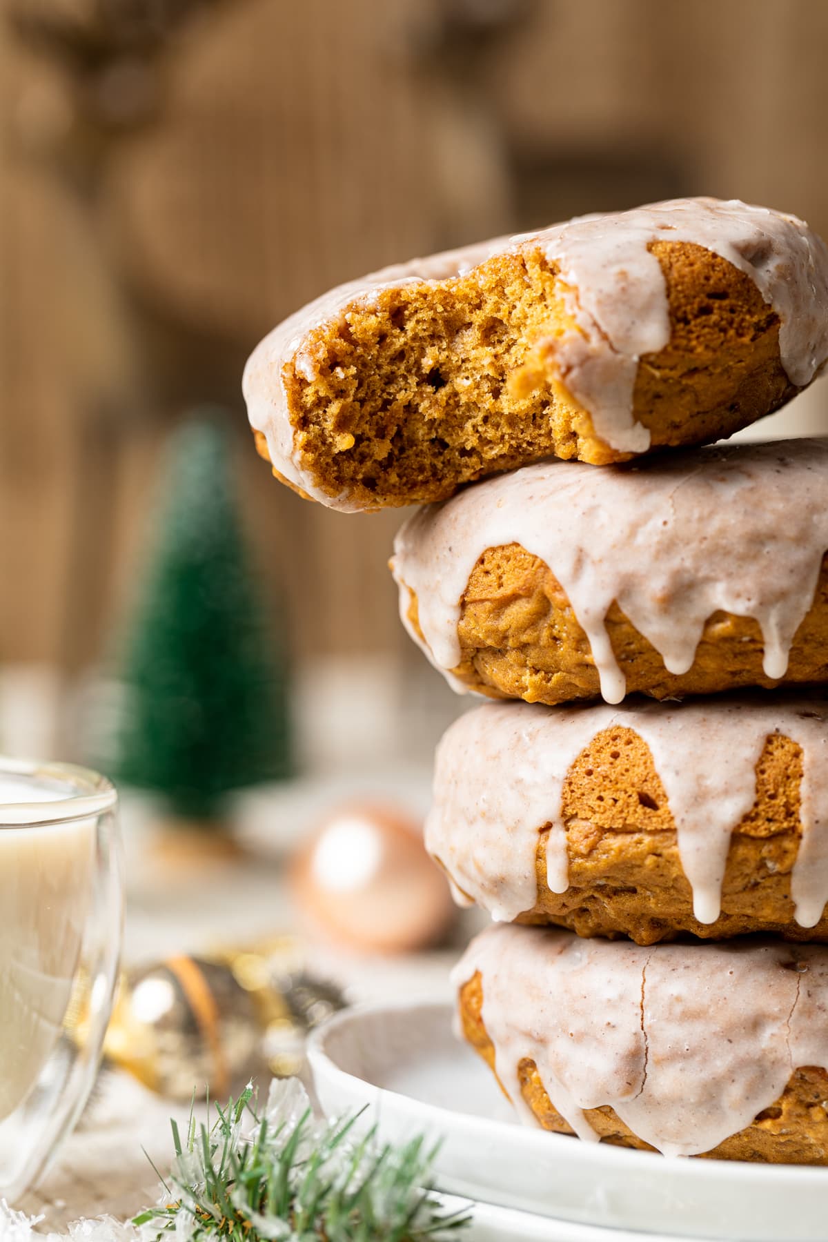 Stack of Vegan Gingerbread Donuts with Chai Glaze.