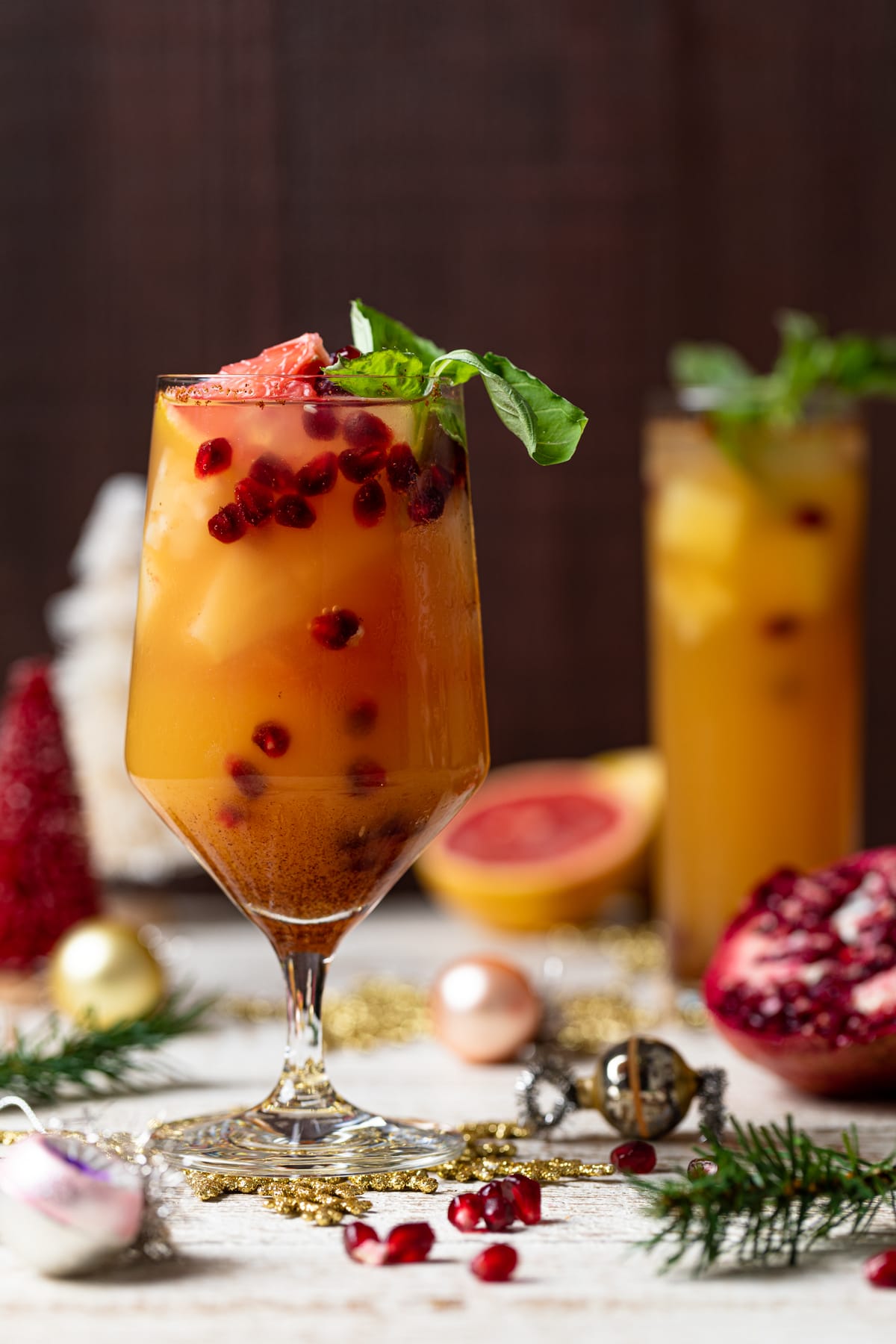 Pomegranate arils floating in a Honey Grapefruit Mocktail