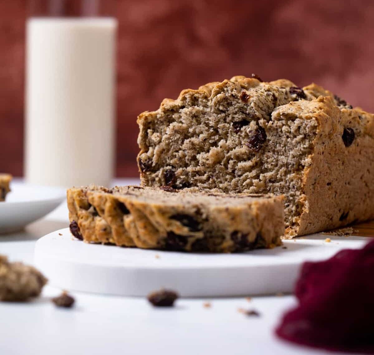 Loaf of rum and Raisin Bread with one end sliced off