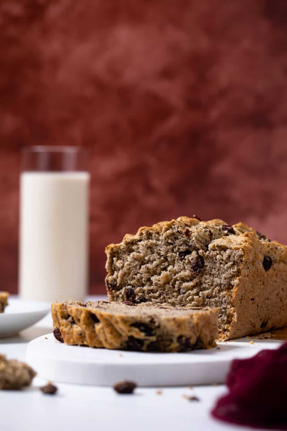 Loaf of rum and Raisin Bread with one end sliced off