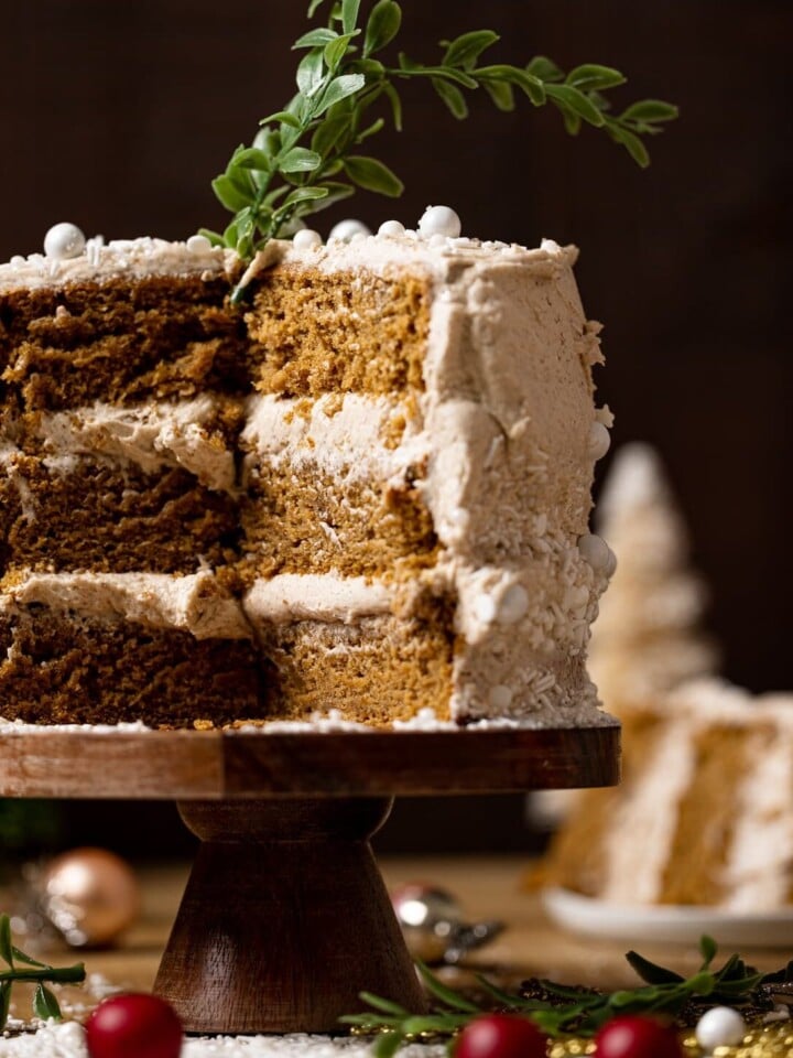 Vegan Gingerbread Cake with Chai Buttercream missing a piece