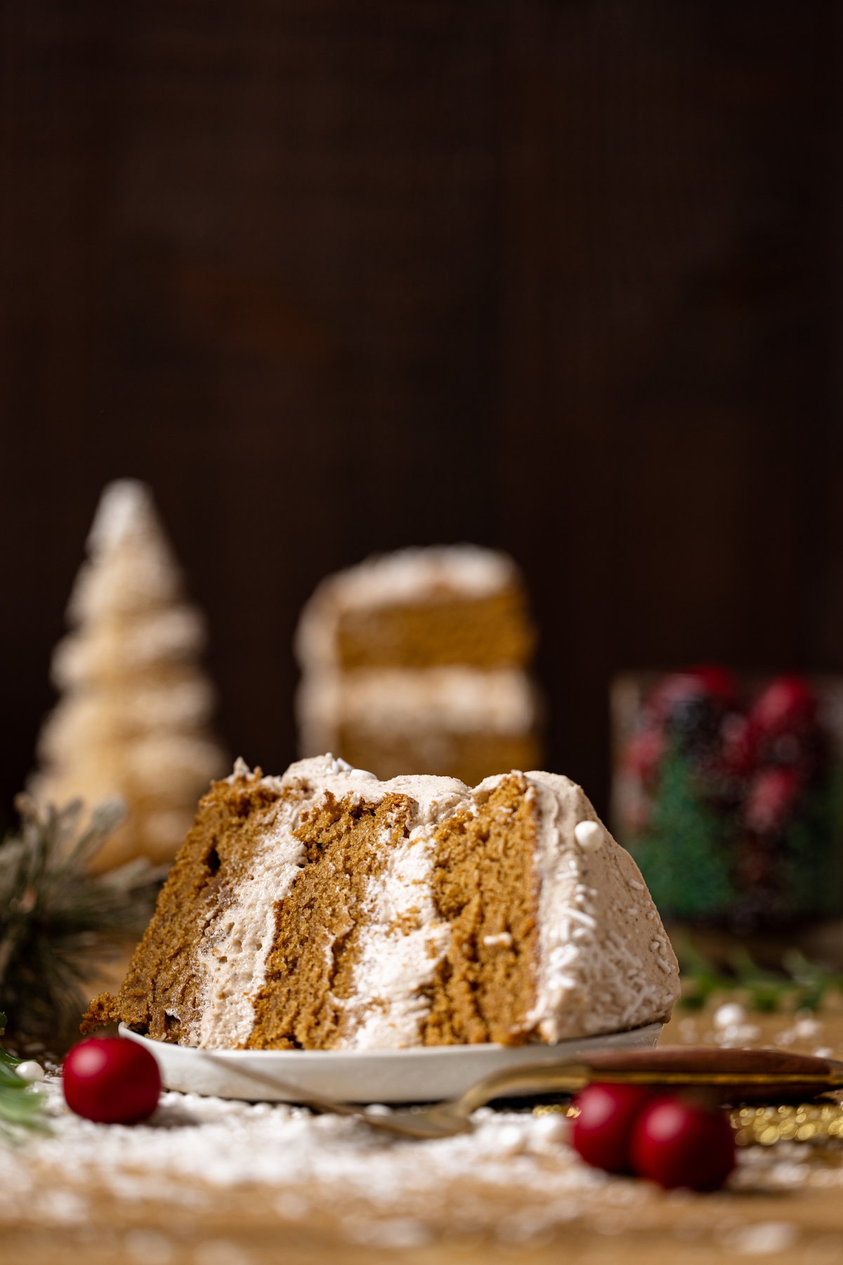 Slice of Vegan Gingerbread Cake with Chai Buttercream on a plate