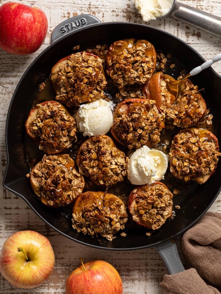 Vegan Baked Cinnamon Caramel Apples in a skillet