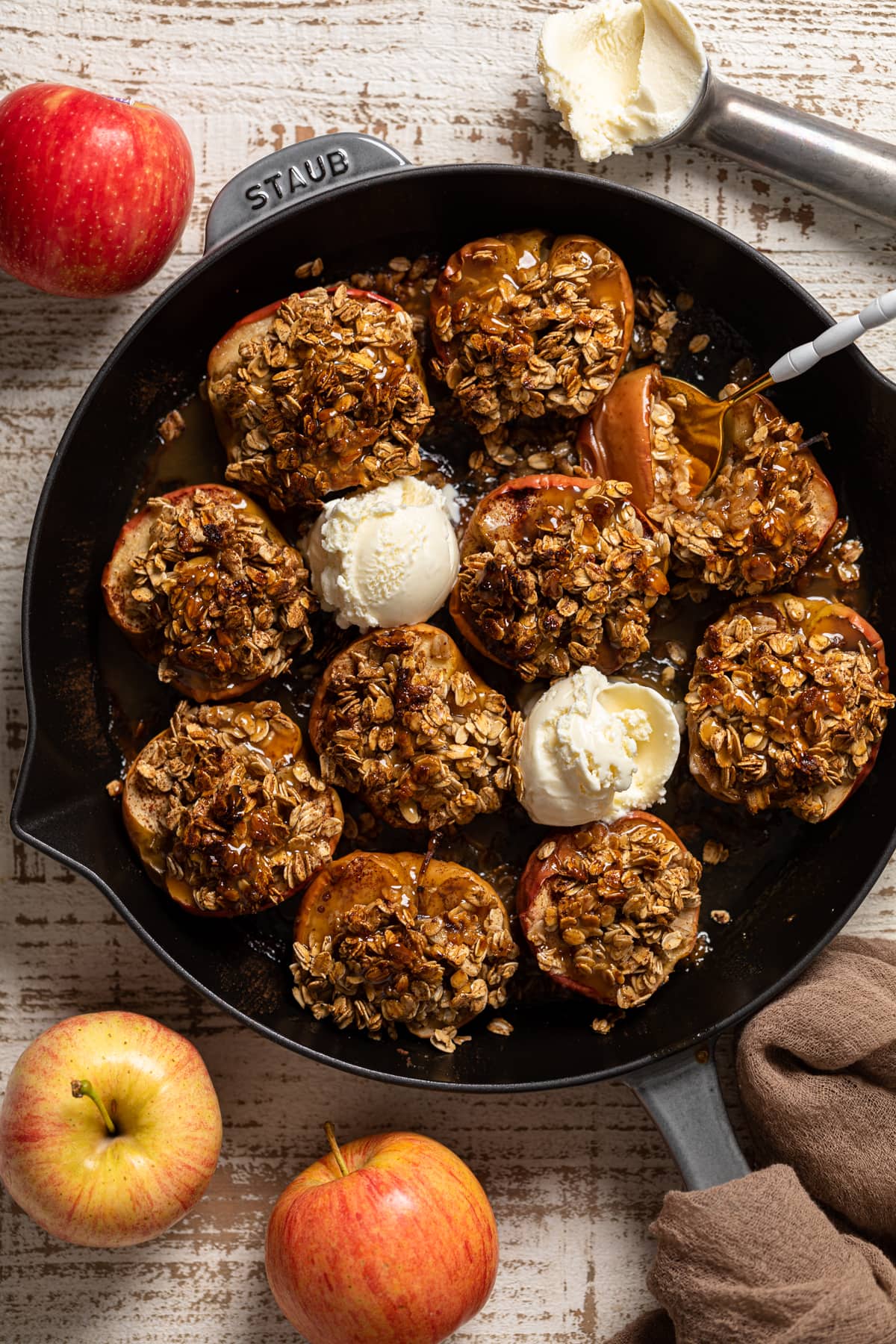 Vegan Baked Cinnamon Caramel Apples in a skillet